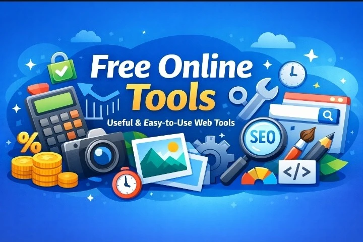 Free Online Tools banner featuring calculator, SEO icon, image editor, and utility tools illustration